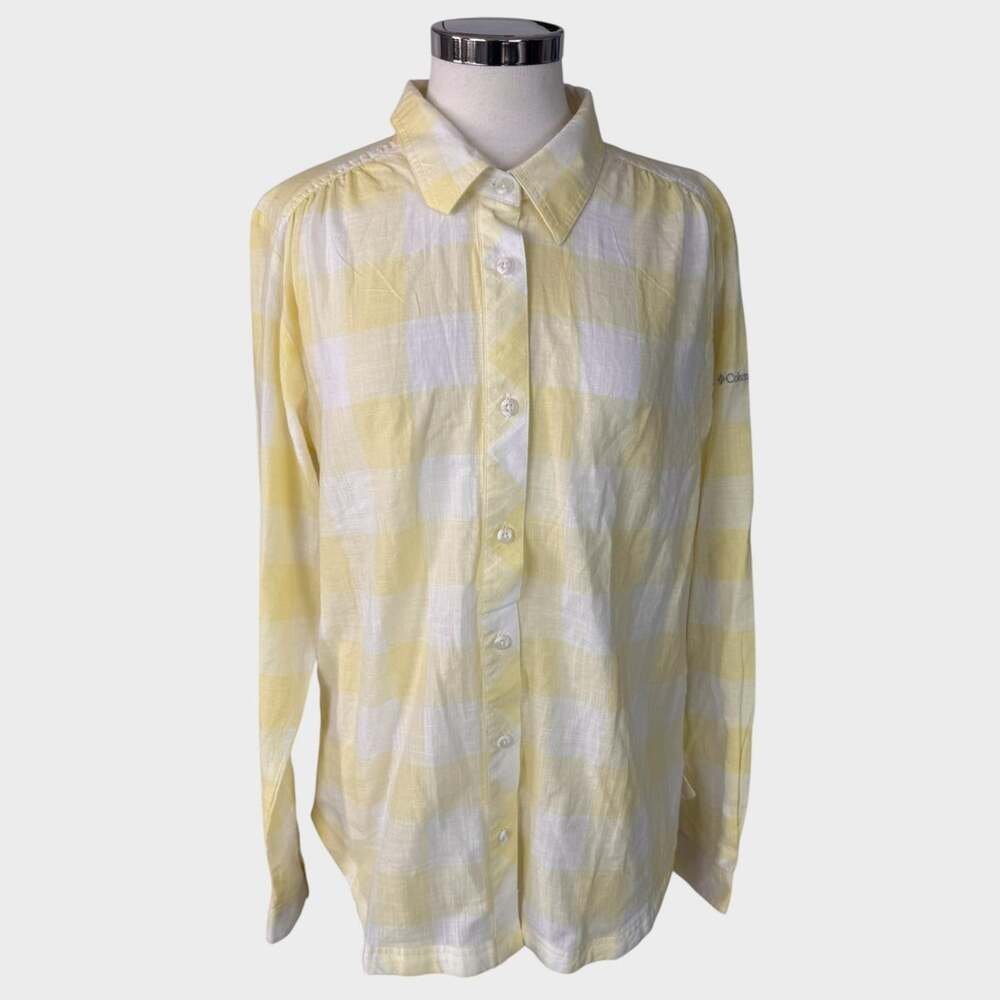 Columbia Womens Large Button Front Yellow White Plaid 100% Cotton